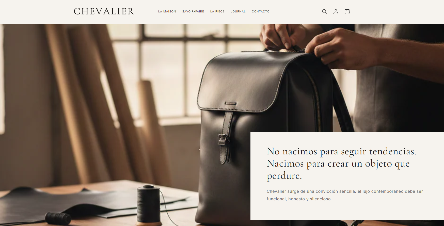Chevalier website home page: a leather backpack on a workshop bench