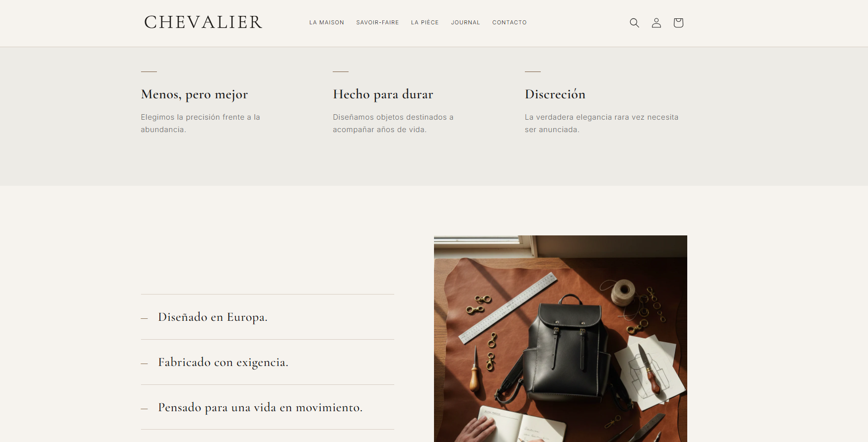 Values section of the Chevalier website: designed in Europe, made to high standards and built to last