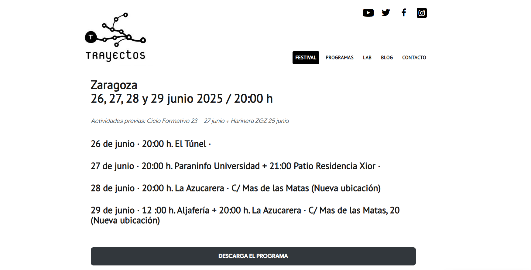 Trayectos festival programme, with the date and venue of each performance