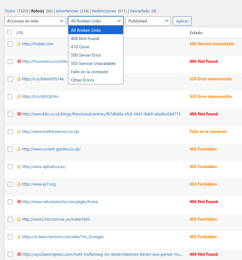 Broken links list with the response code filter open: 404, 410, 500, 503 and connection failures