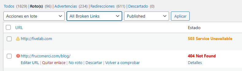 A broken link with its status and actions: edit URL, unlink, mark as not broken, dismiss and recheck