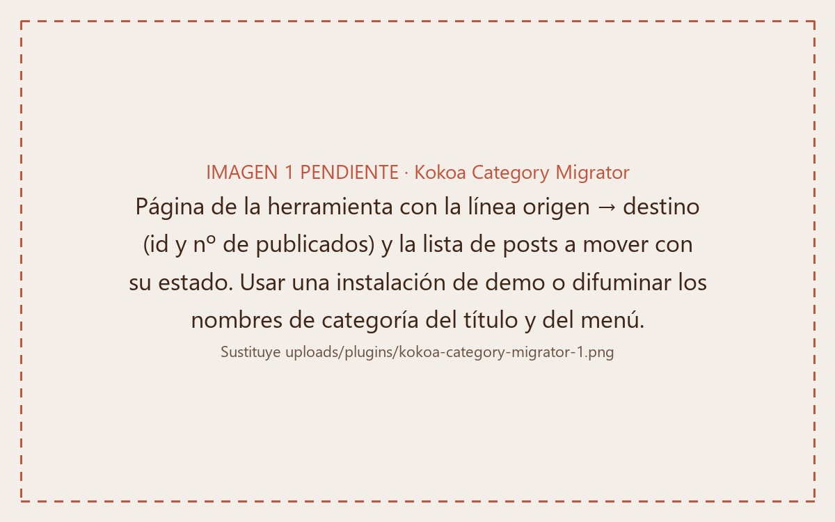 Kokoa Category Migrator showing the list of posts to be moved from one category to another