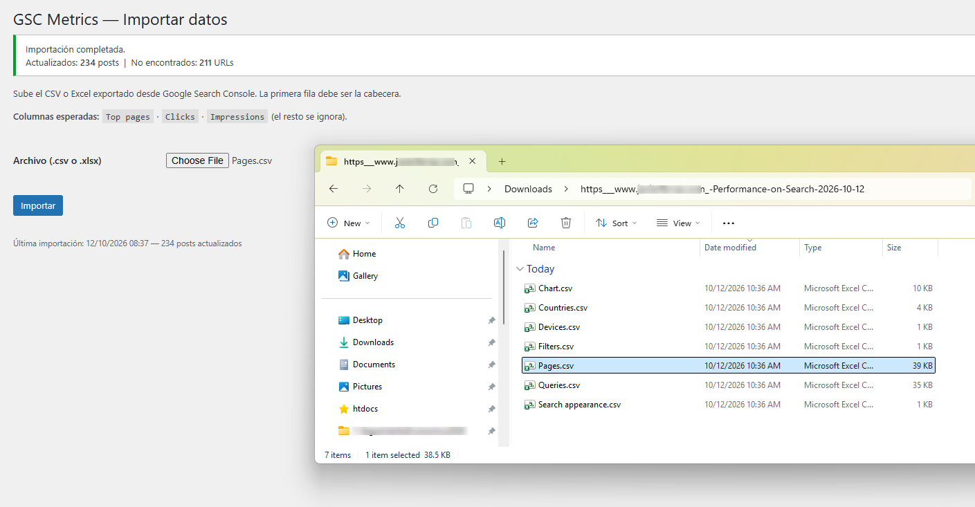 Import page after uploading the pages CSV exported from Search Console: 234 posts updated and 211 URLs not found