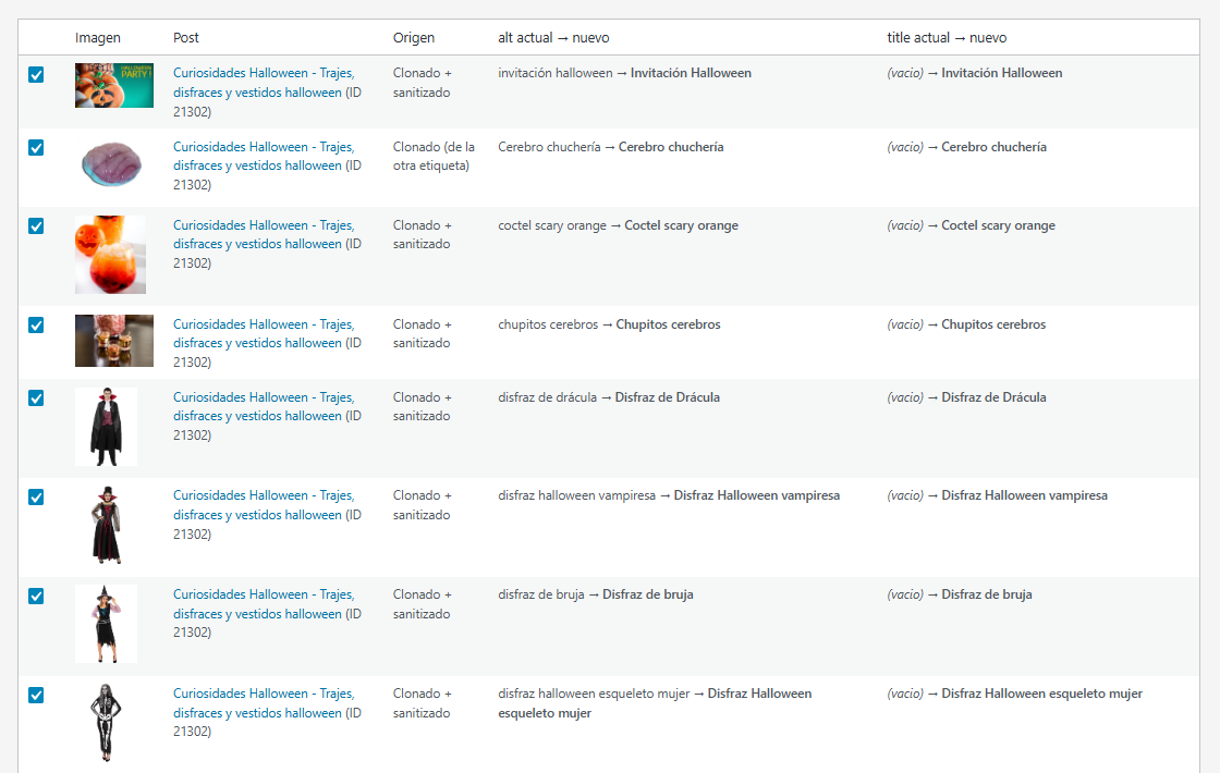 Preview of a post's images with their current and proposed alt and title texts and the source of each change