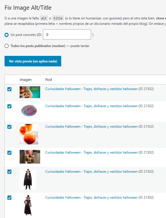 Plugin page to choose a single post or every published post and see the preview without applying anything