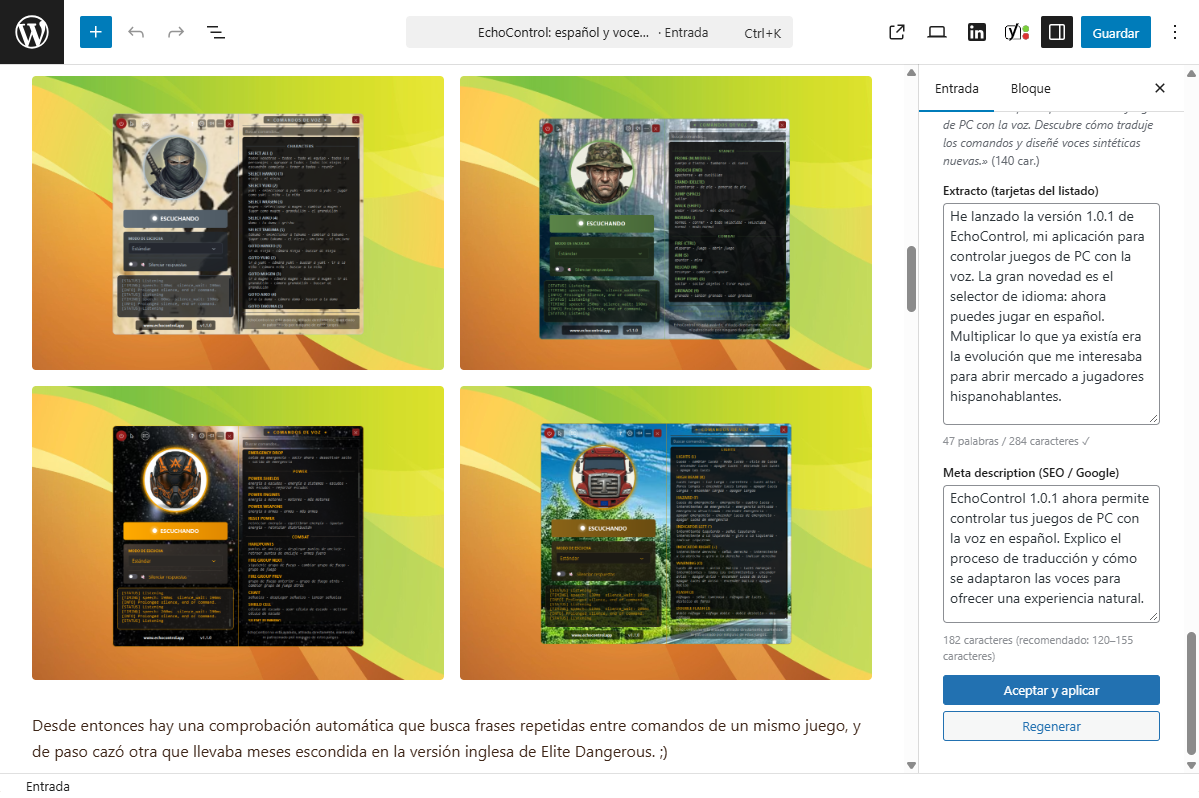The «Extracto SEO (IA)» panel in the editor, with the suggested excerpt and meta description and the Accept and Regenerate buttons