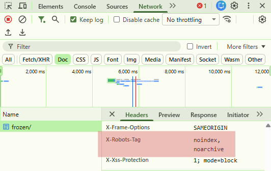 Chrome DevTools Network panel showing the X-Robots-Tag: noindex, noarchive header in a tag archive response